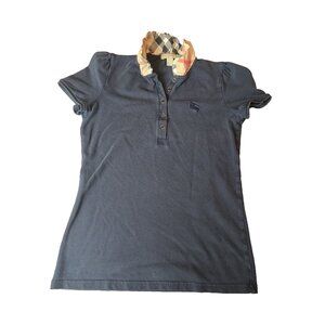 Burberry Brit Navy Blue Honeycomb Knit Novacheck Collar Detail Polo Preppy